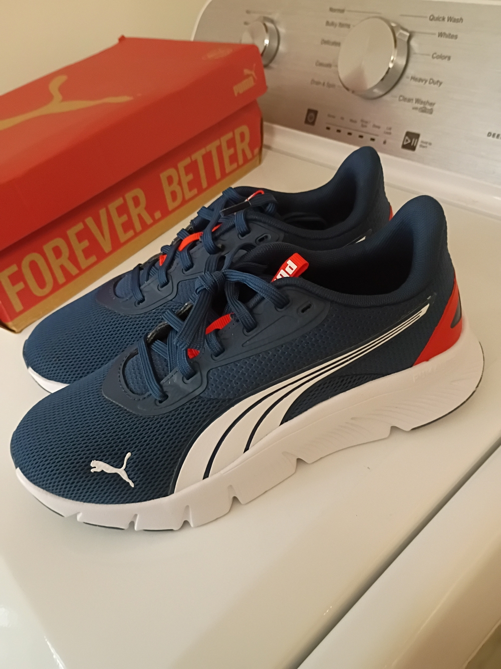 Puma Navy Blue and White Athletic Sneakers with Red Accents